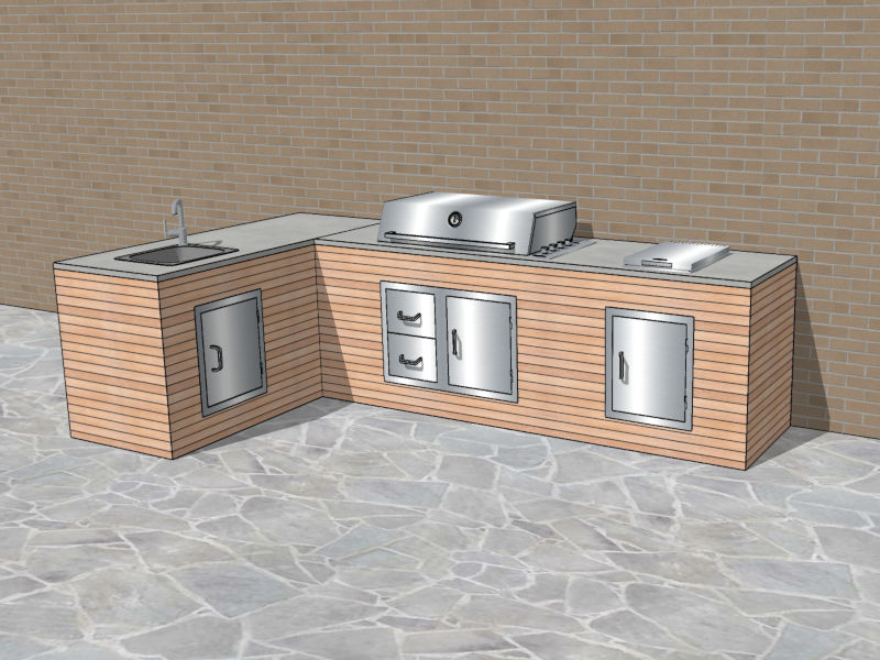 Beispiel Outdoorküche Pro L-Zeile mit Holzoptik und Betonarbeitsplatte