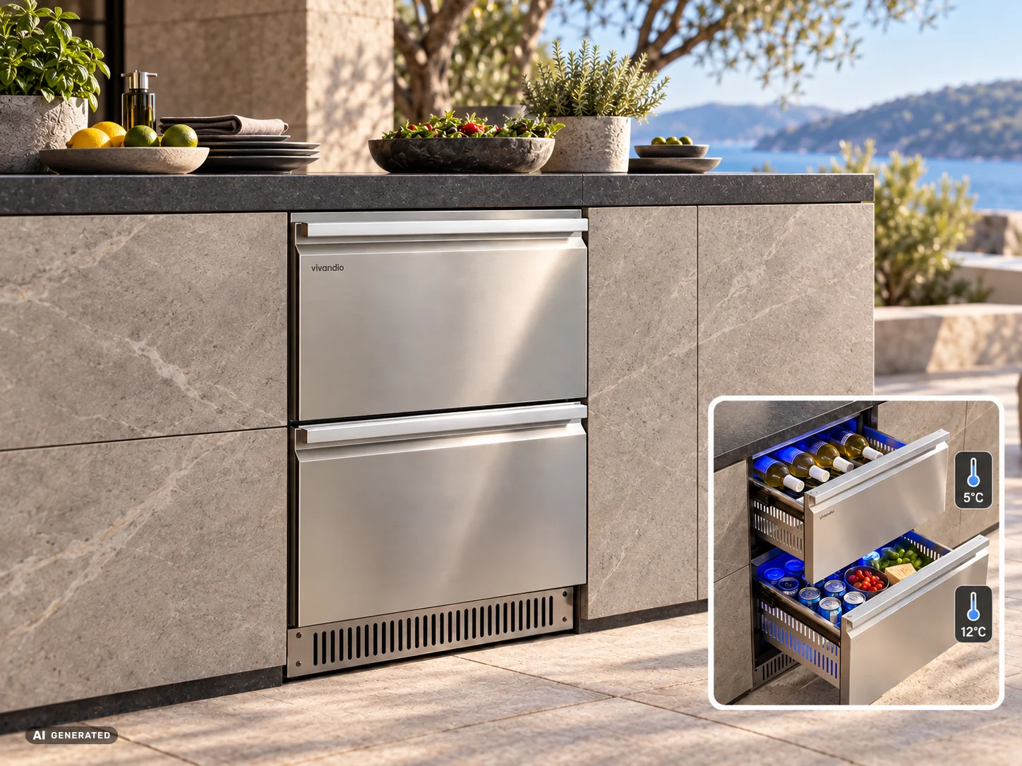 Vivandio FD110 (Wein) Outdoor-Schubladenkühlschrank mit zwei Kühlzonen