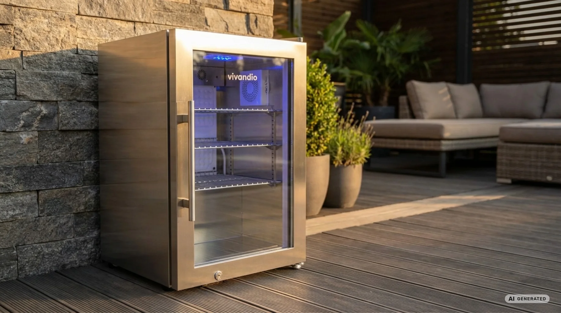 Outdoor-Kühlschrank FS63 aus Edelstahl in einer Terrassenküche