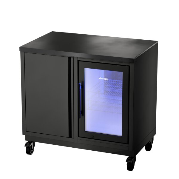 quub Schrank Kühlschrankmodul schwarz mit Lenkrollen & Feinsteinzeug Arbeitsplatte