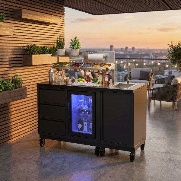 Outdoor Cocktailstation mit Kühlschrank und Spüle, black mit Lenkrollen