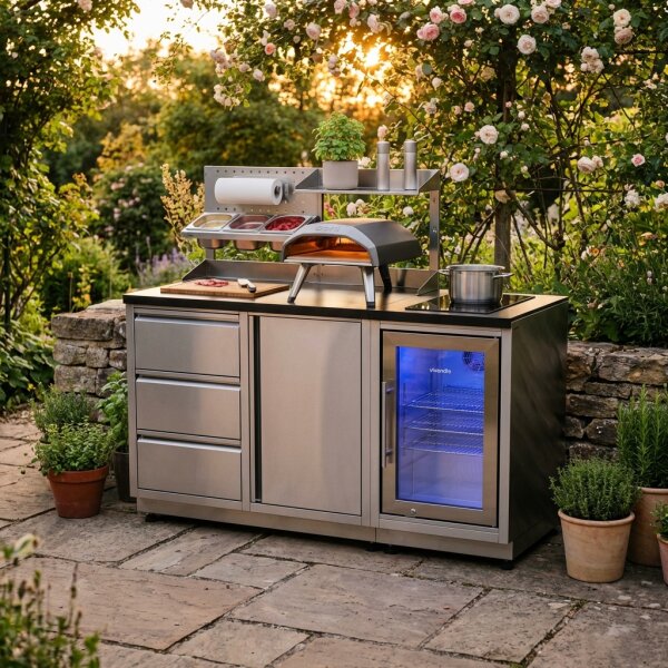 Kompakte Gartenküche mit Kühlschrank & Kochfeld, silver mit Stellfüßen