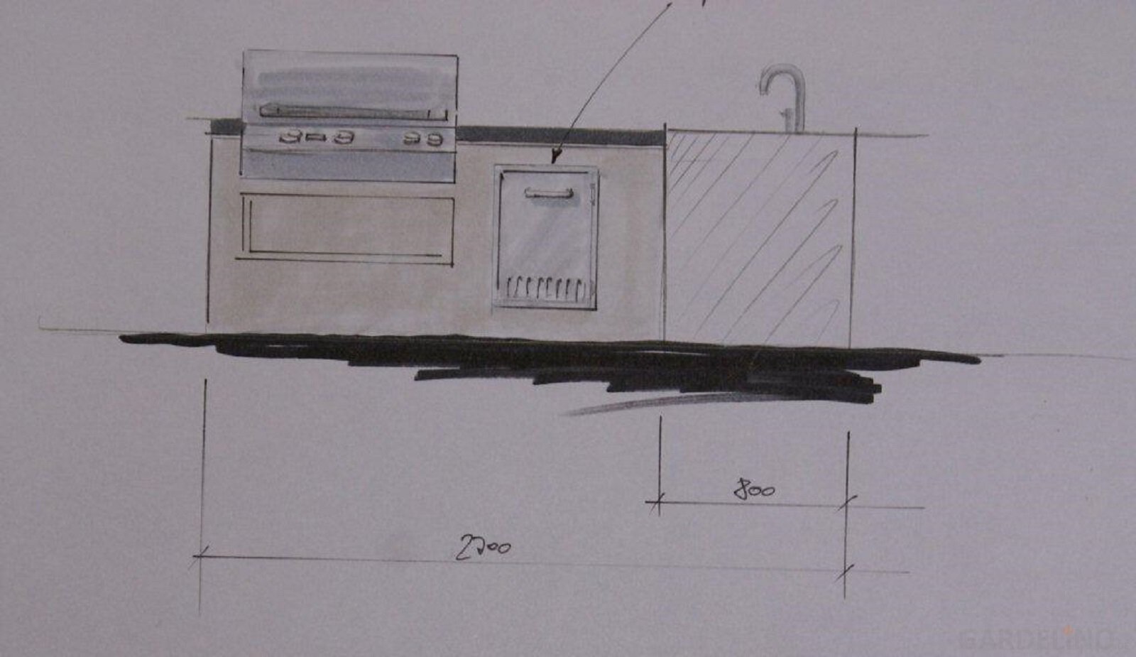 Gemauerte Outdoorküche mit Einbaugrill, Kamin und Spüle - München